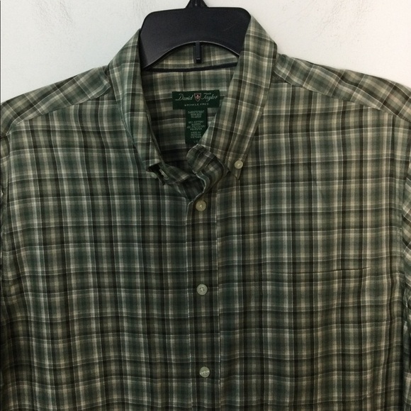 Men’s David Taylor L Large Button Front Casual Shirt Olive Green Plaid Tan NWOT - Picture 2 of 7